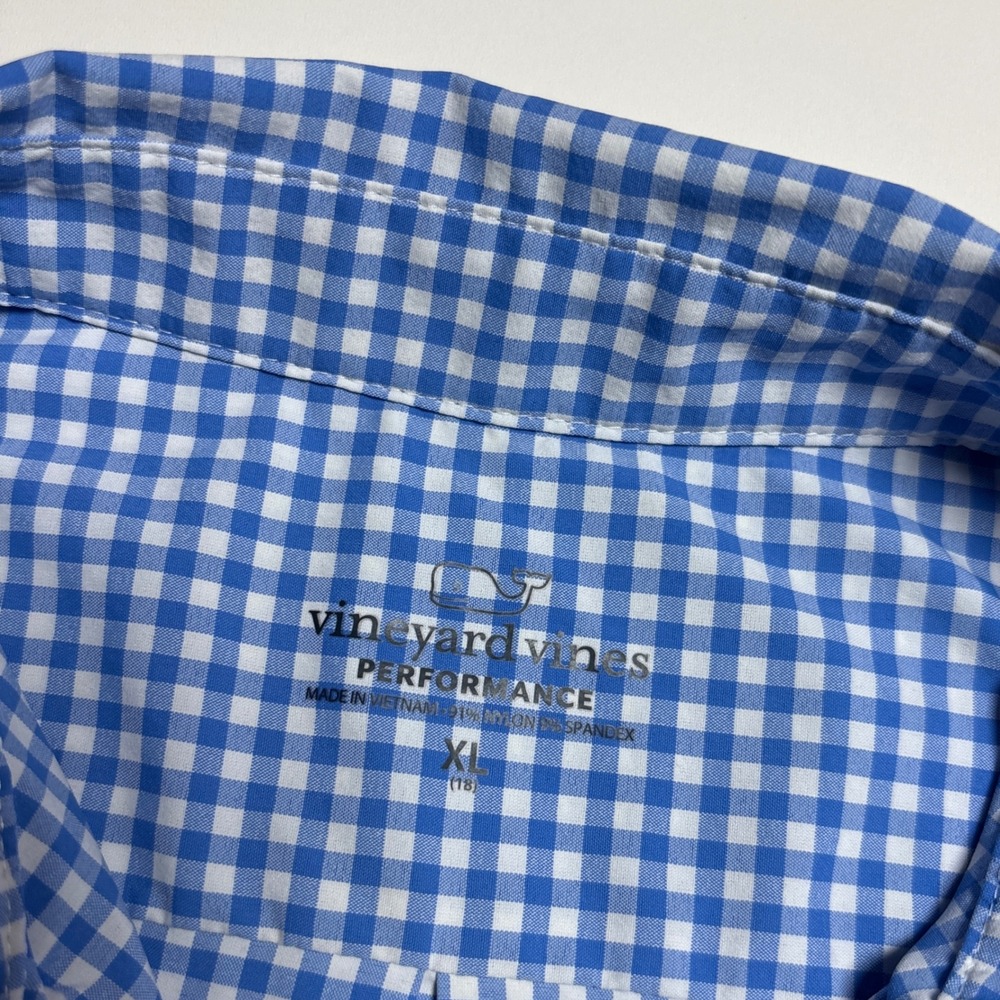 Vineyard Vines Performance Button Down Shirt Boys XL 18 Blue Gingham Check Whale - Picture 7 of 8